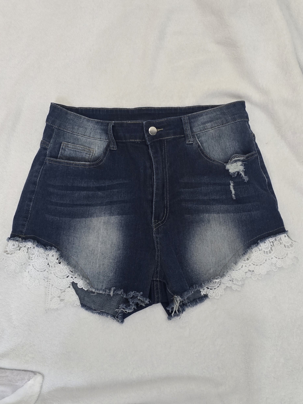 SHEIN Dark Blue Denim Lace Hem High-Rise Shorts